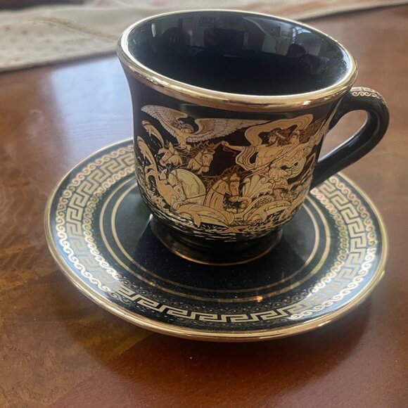24K Gold TEACUP & SAUCER Hand Made Greece Greek Mythology Prints Gold Black - Picture 2 of 8